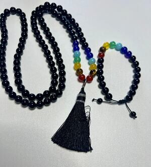 SET OF HAND KNOTTED CHAKRA BEADS & TASSEL NECKLACE & BRACELET NWT